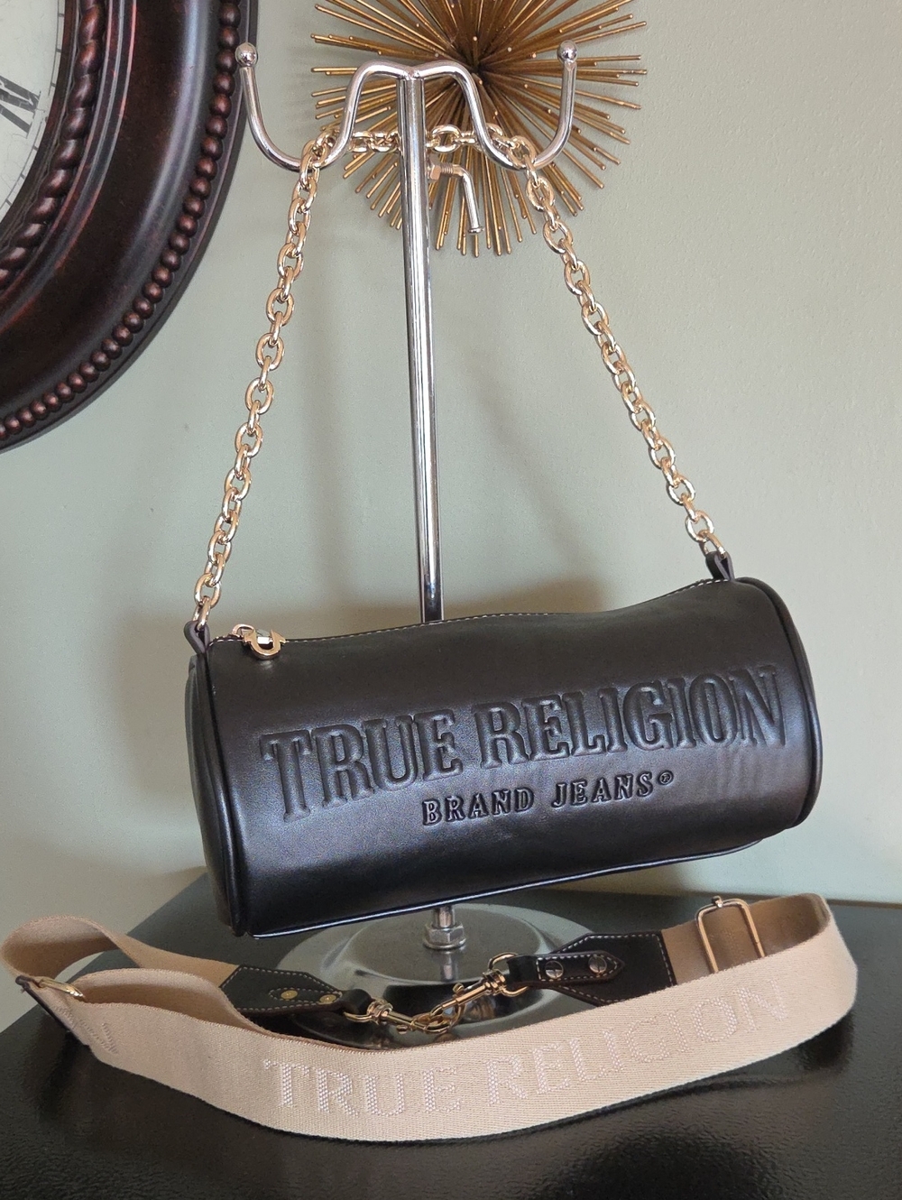 True Religion Black Barrel Logo Shoulder Bag with Gold Chain